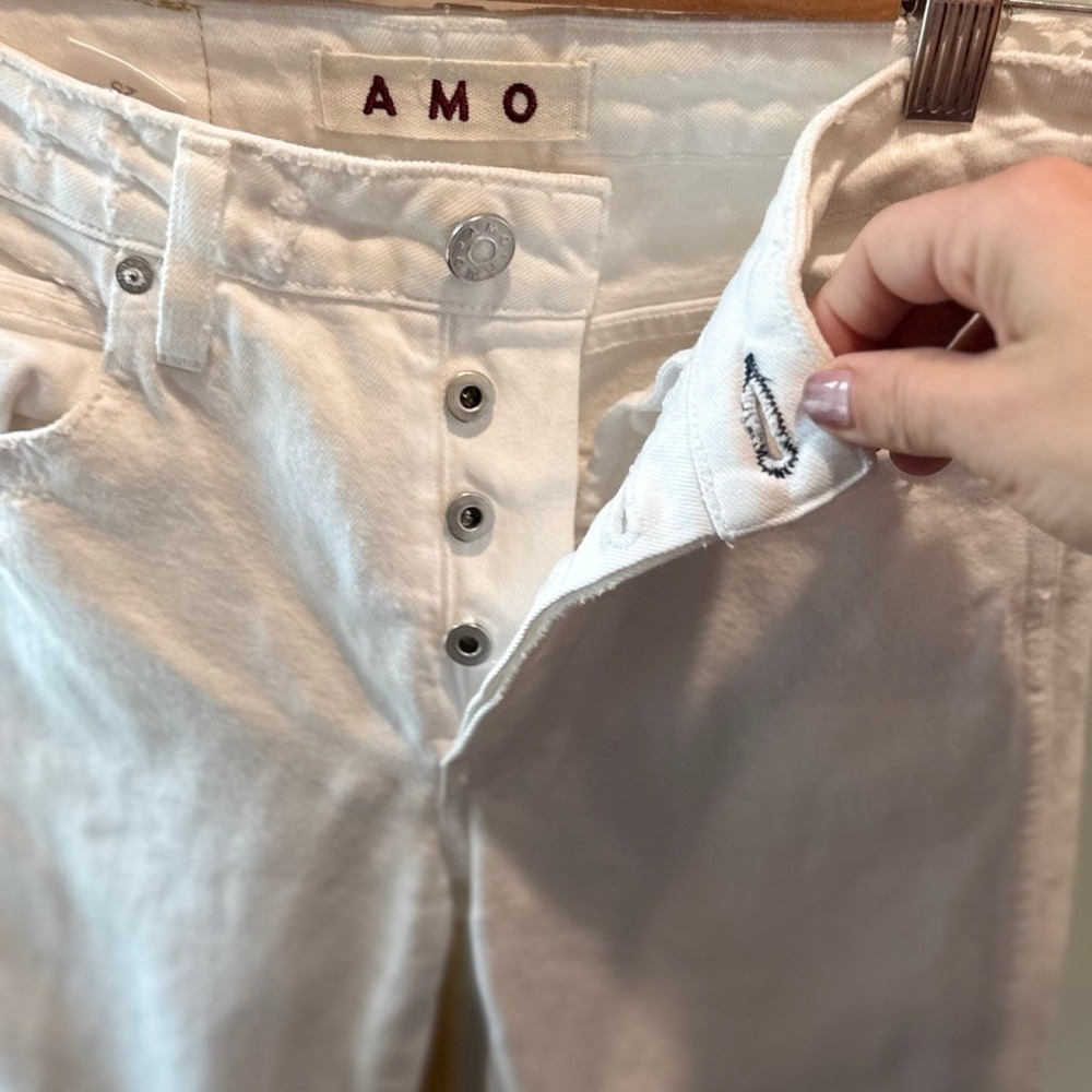 AMO Denim 2010s Sea Salt White Straight Crop Jeans Button Fly & Raw Hem Size 25 - Picture 5 of 15